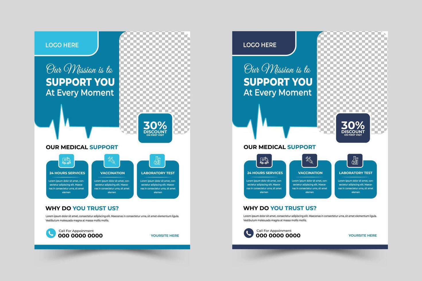 Corporate medical health care flyer template design and Dental care, clinical flyer template design. Healthcare hospital medical flyer design template vector