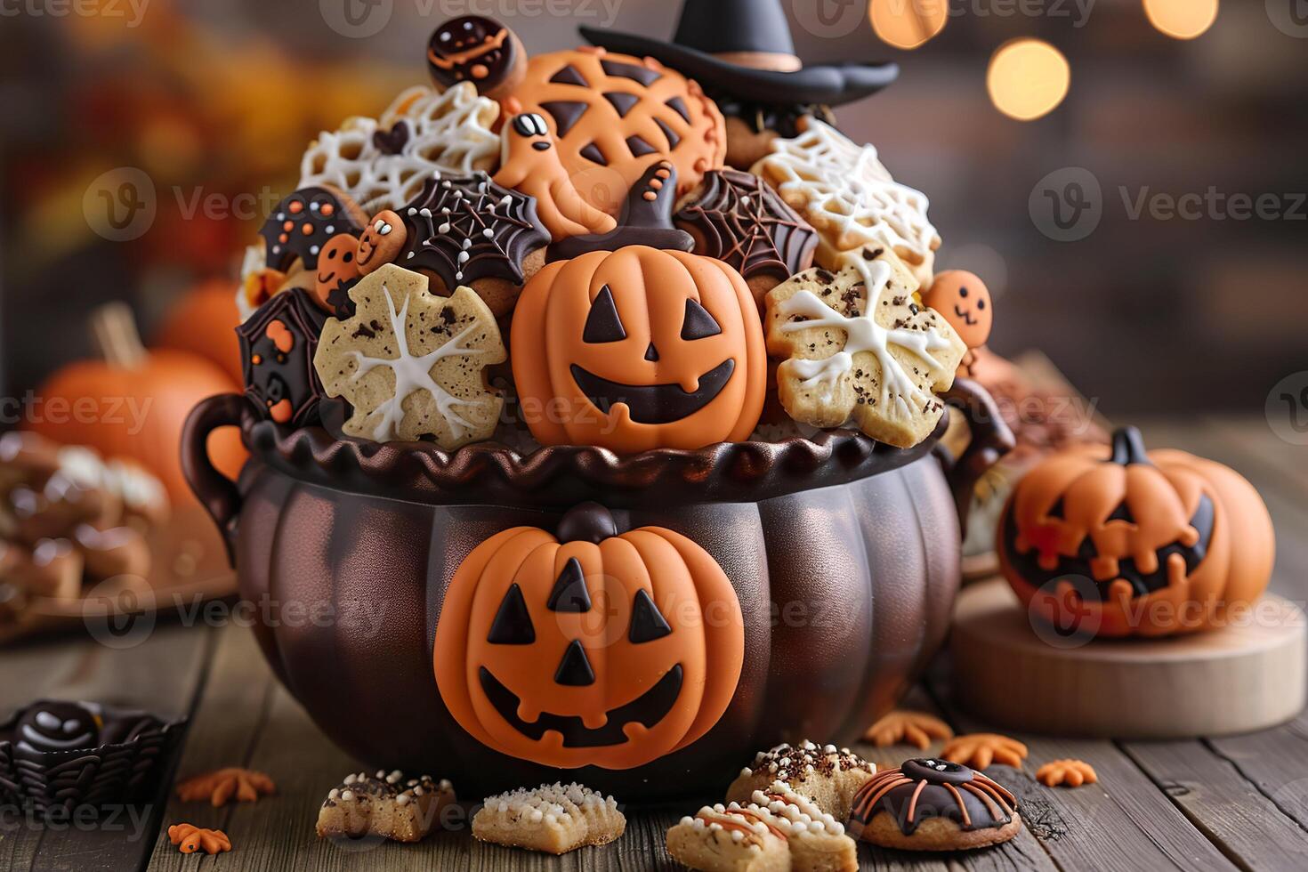 Halloween cauldron overflowing with decorated cookies, including jack-o-lanterns, ghosts, and spider webs. photo