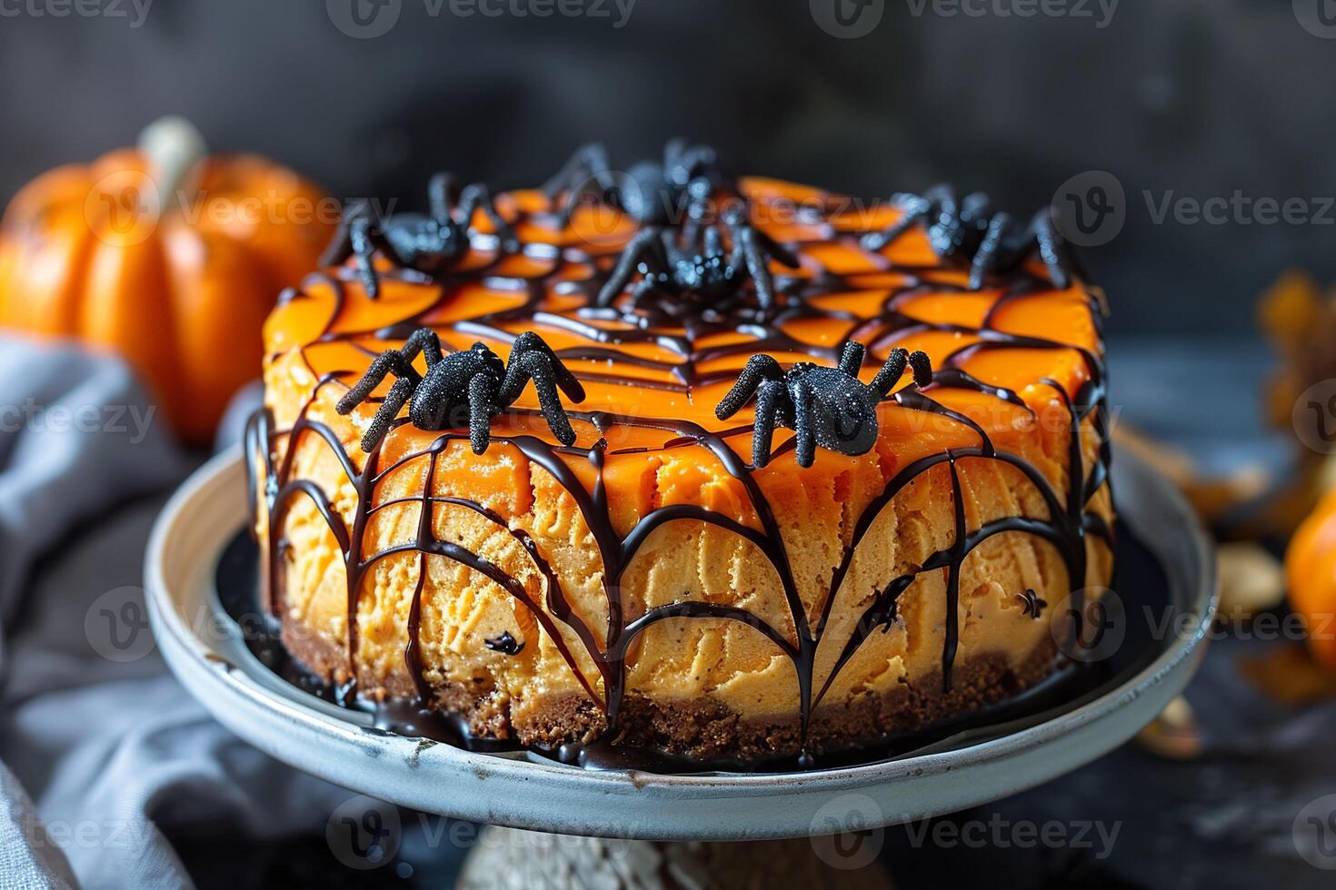 Halloween cake decorated with orange frosting, chocolate spider web design, and edible black spiders. photo