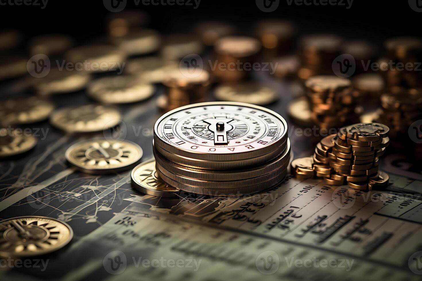 A clock on top of a pile of coins. photo