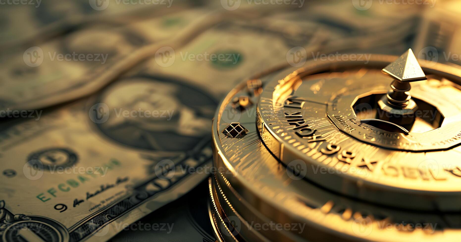 A clock on top of a pile of coins. photo