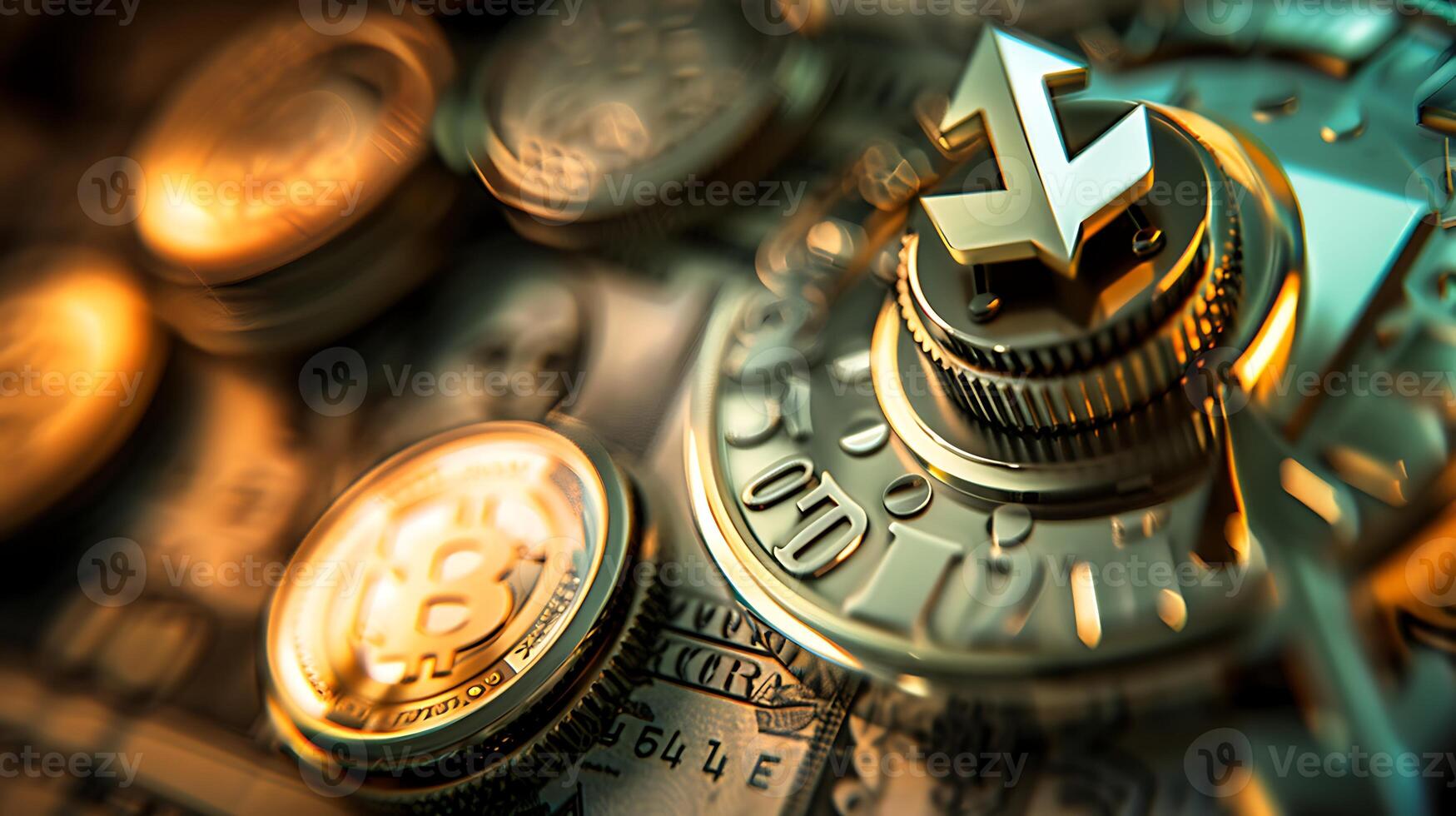 A clock on top of a pile of coins. photo