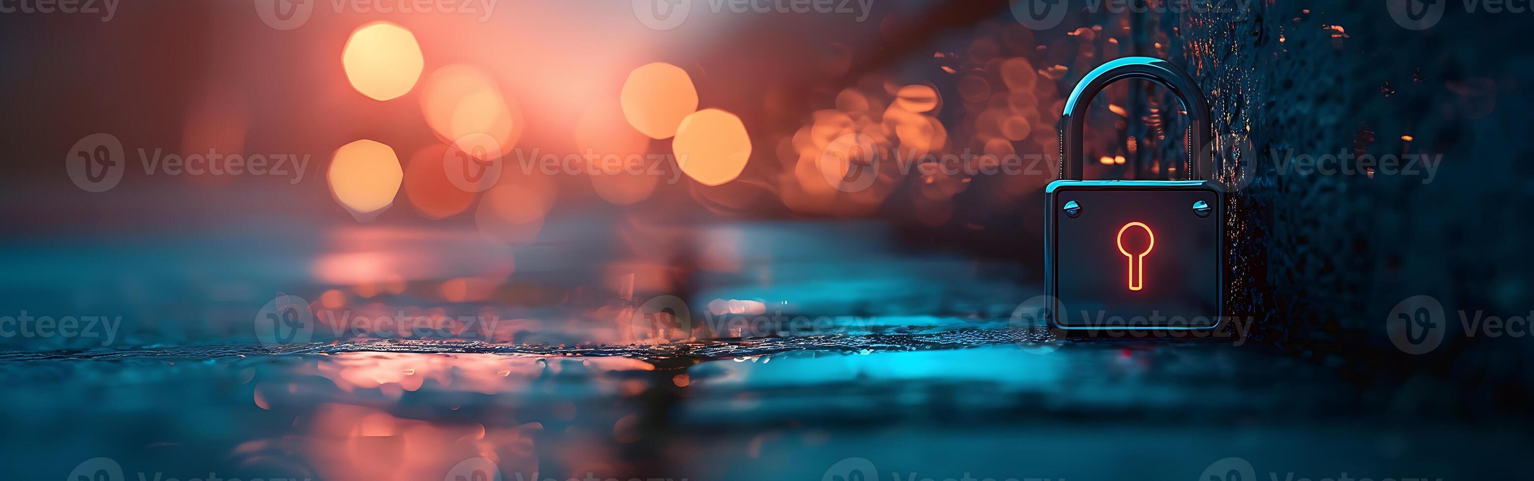 Cyber security concept. Shield with red light photo