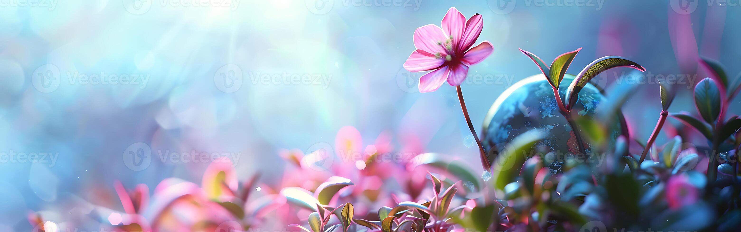 3D illustration of a flower and a soap bubble with bubbles photo