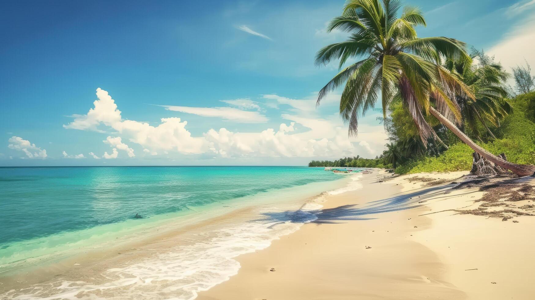 A beautiful tropical beach with palm trees and a clear blue sky, adding to its picturesque charm. This tranquil coastal setting evokes images of summer photo