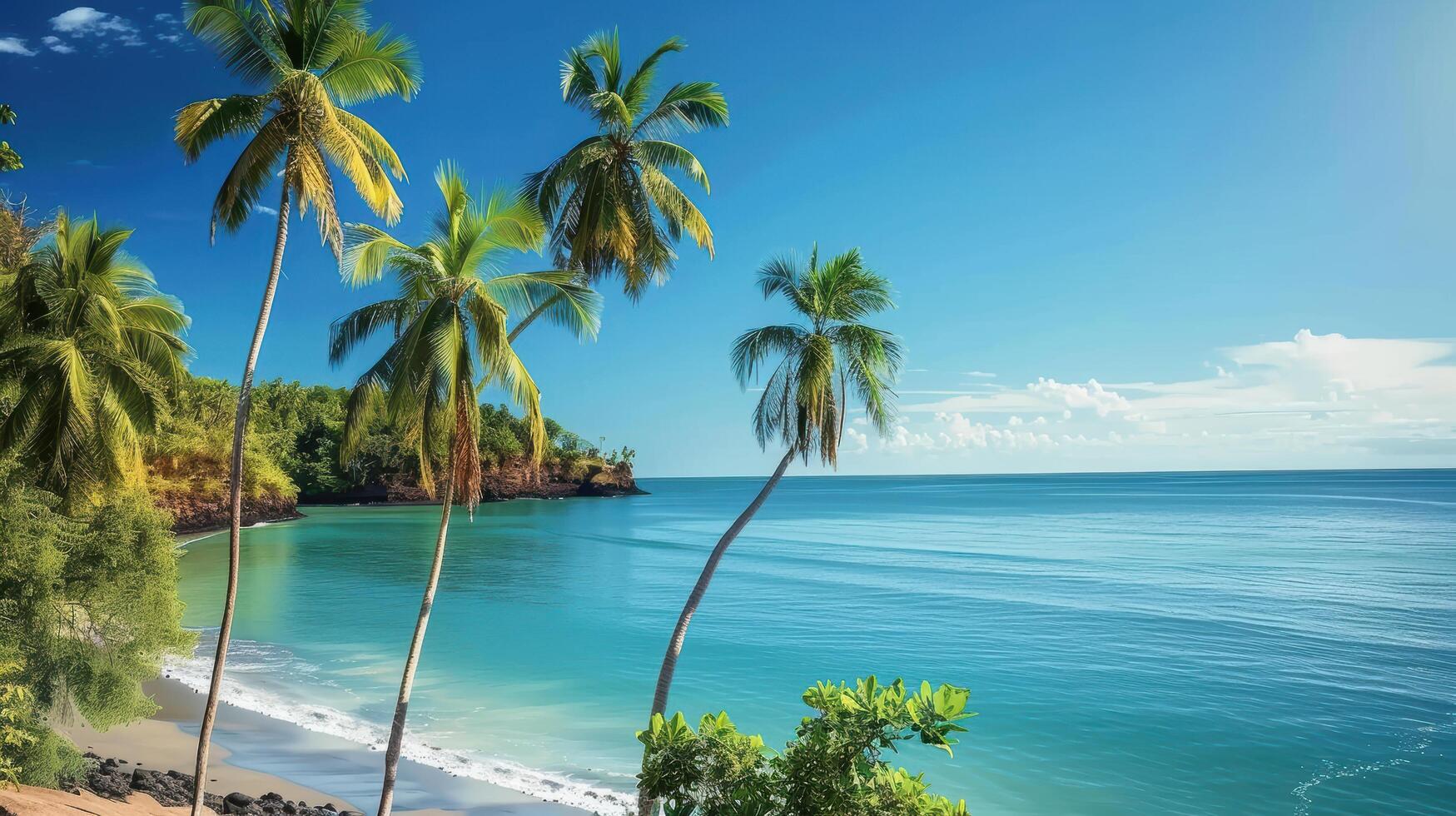 A beautiful tropical beach with palm trees and a clear blue sky, adding to its picturesque charm. This tranquil coastal setting evokes images of summer photo