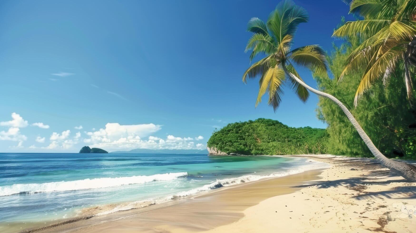 A beautiful tropical beach with palm trees and a clear blue sky, adding to its picturesque charm. This tranquil coastal setting evokes images of summer photo