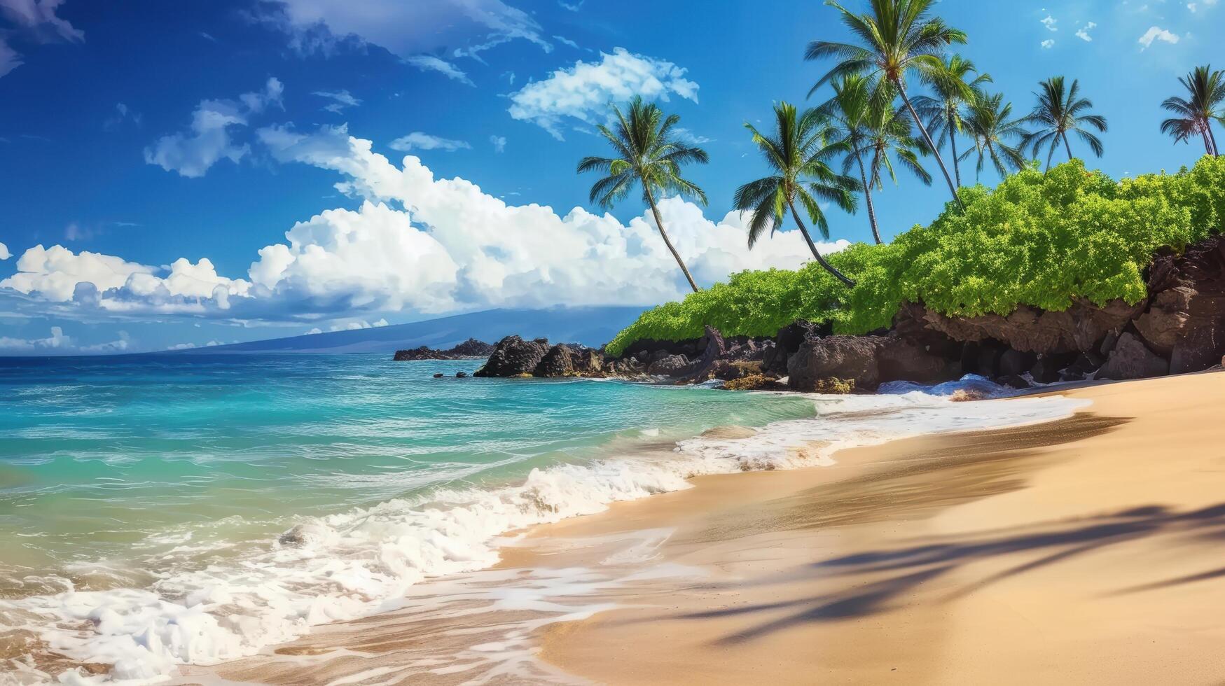 A beautiful tropical beach with palm trees and a clear blue sky, adding to its picturesque charm. This tranquil coastal setting evokes images of summer photo