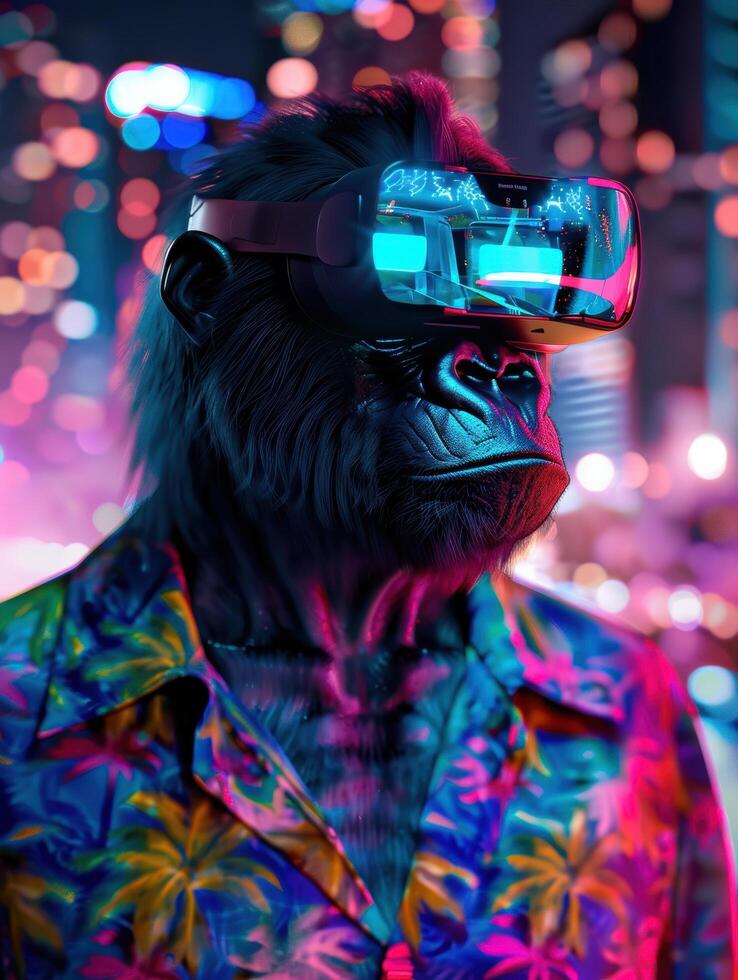 Portrait of monkey gorilla cyberpunk character wearing glasses photo