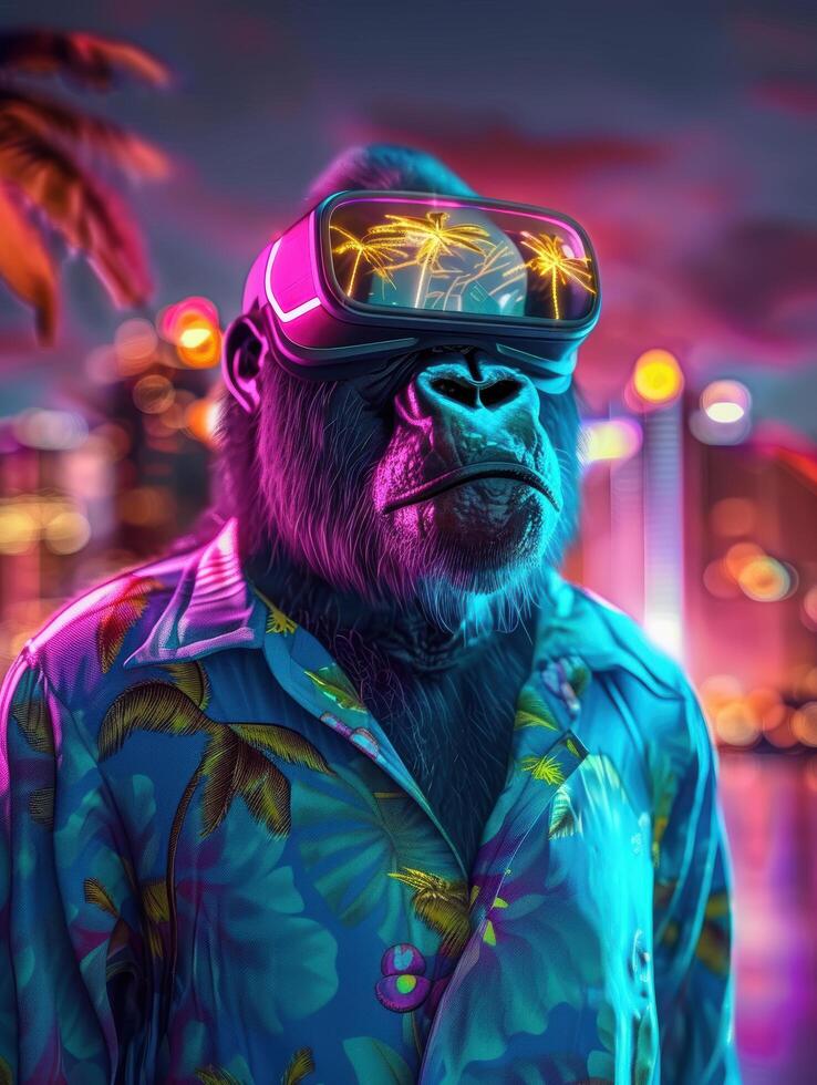 Portrait of monkey gorilla cyberpunk character wearing glasses photo