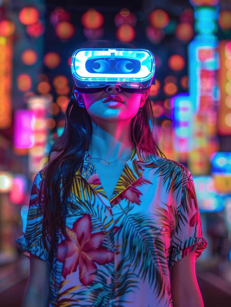 portrait neon gril wear VR glass with glowing and Hawaii shirt, cityscape blur background photo