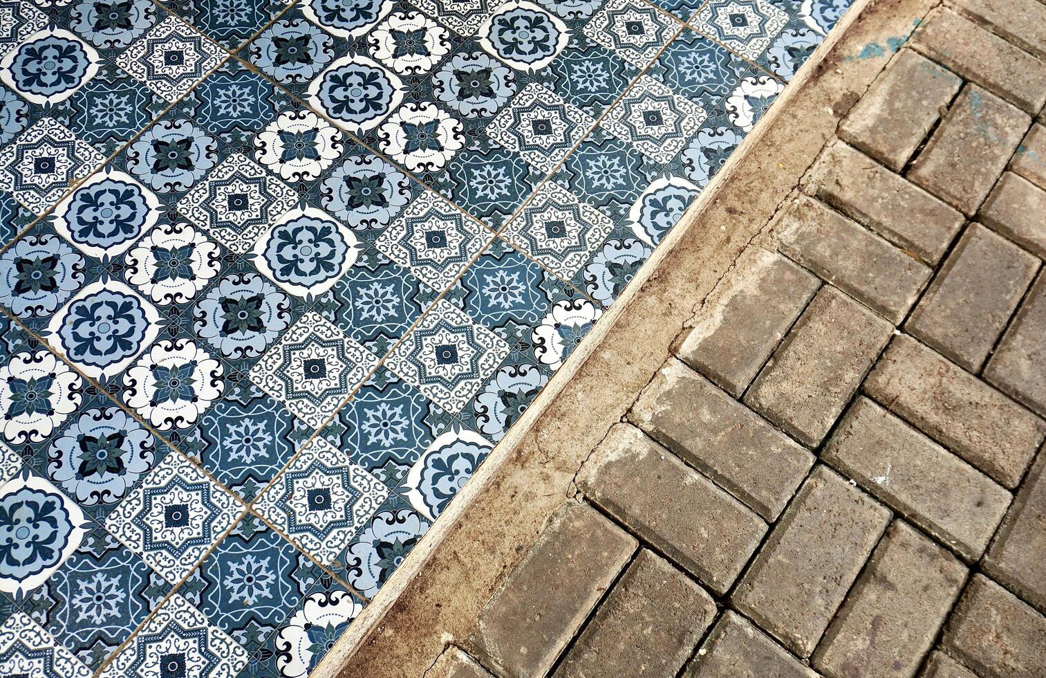 Beautiful blue ceramic moroccan tiles ground flooring interior design isolated on horizontal ratio outdoor bricks background. photo