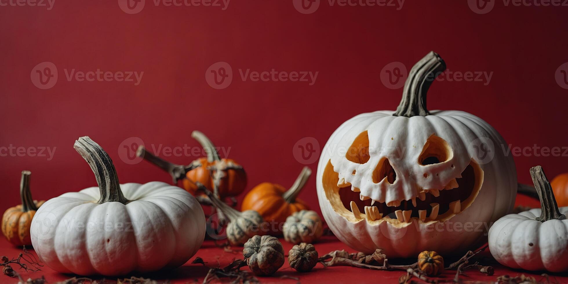Skeleton hand with white pumpkin on red background Happy Halloween holiday concept. photo