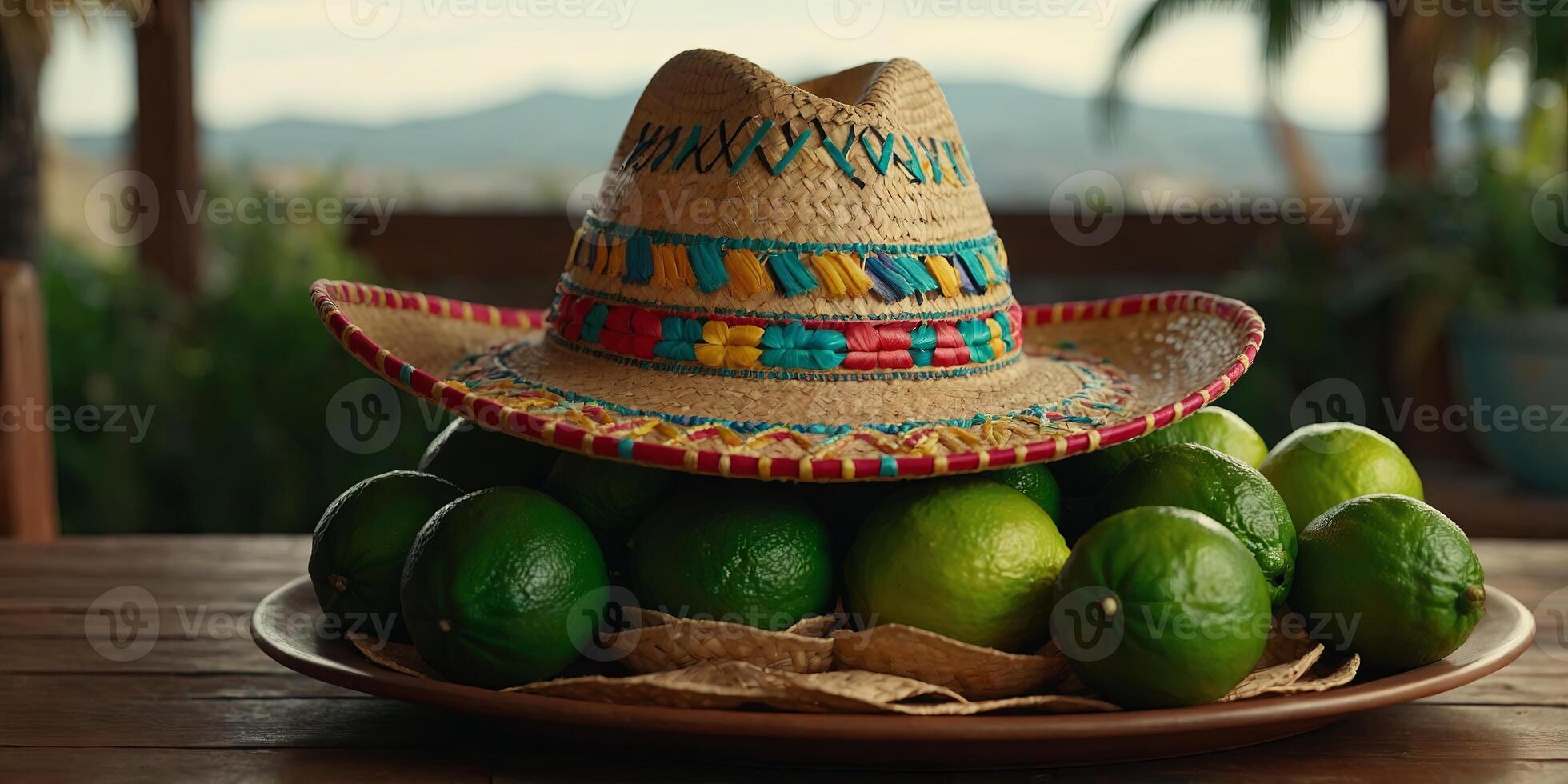 Sombrero for Cinco de Mayo is placed on a table next to a bowl of limes. photo