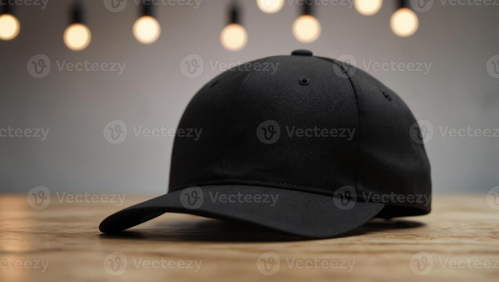 Sleek Black Cap on White Wooden Table, Perfect for Custom Design Mockups, Ideal for Branding and Fashion Projects. photo