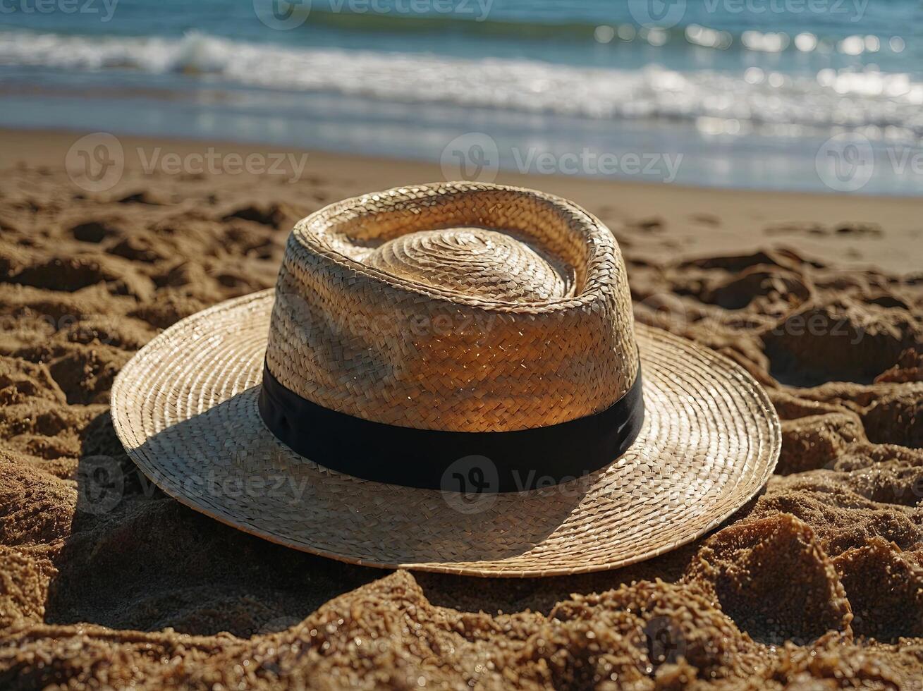 Straw hat on the beach close-up, summer background. photo