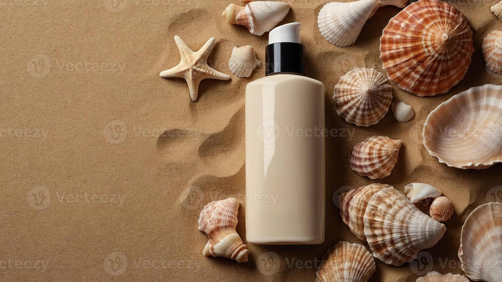 Suntan cream lotion bottle and seashells on sandy color background Flat lay, top view, overhead. photo