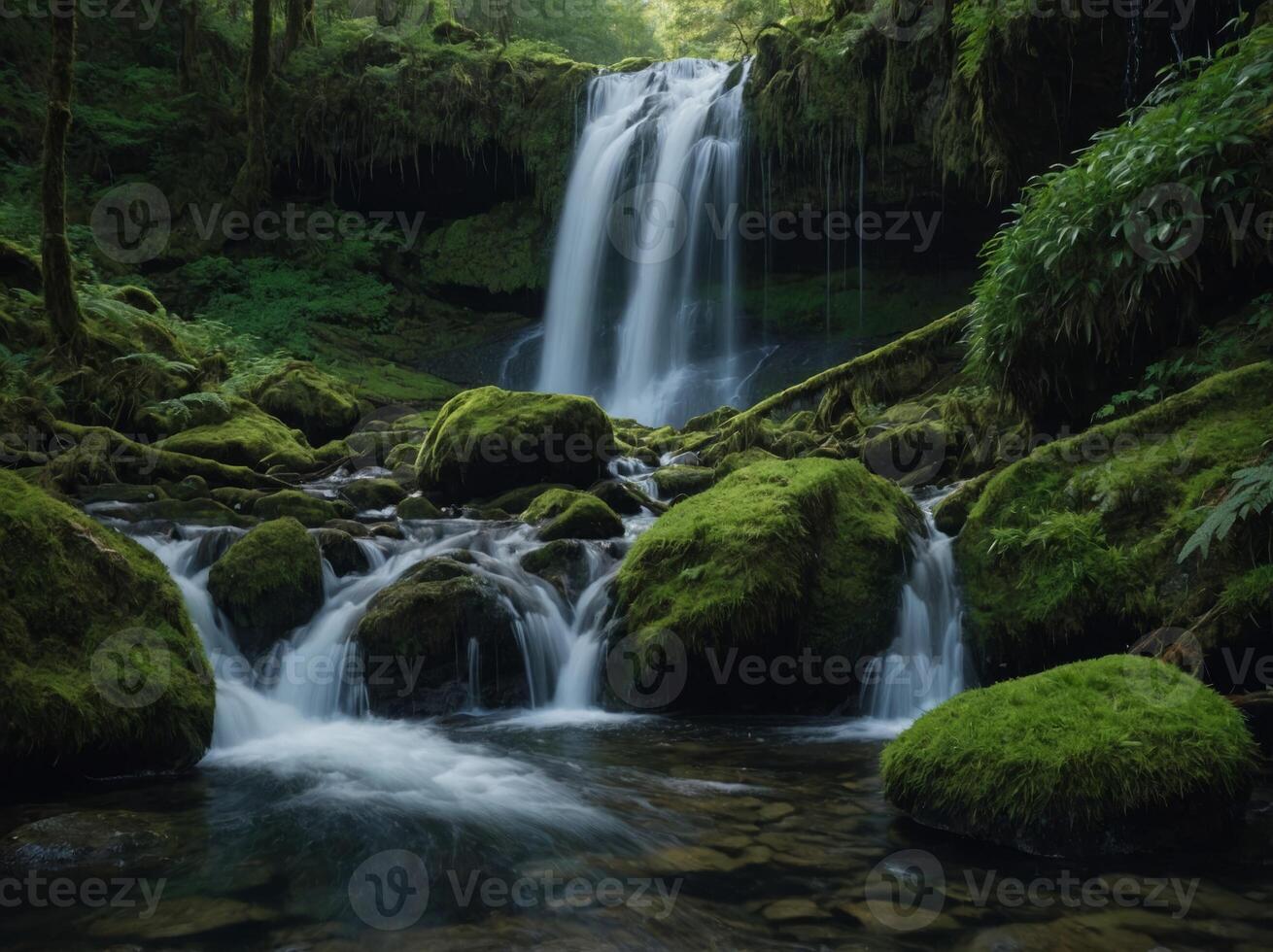 Surrender to the sublime beauty of a cascading waterfall, where crystal-clear waters tumble over moss-covered rocks, creating a symphony of sound and motion. photo