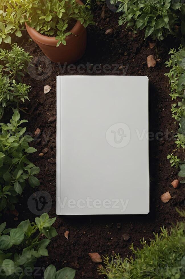 mockup of a blank cover white book with a garden background. photo