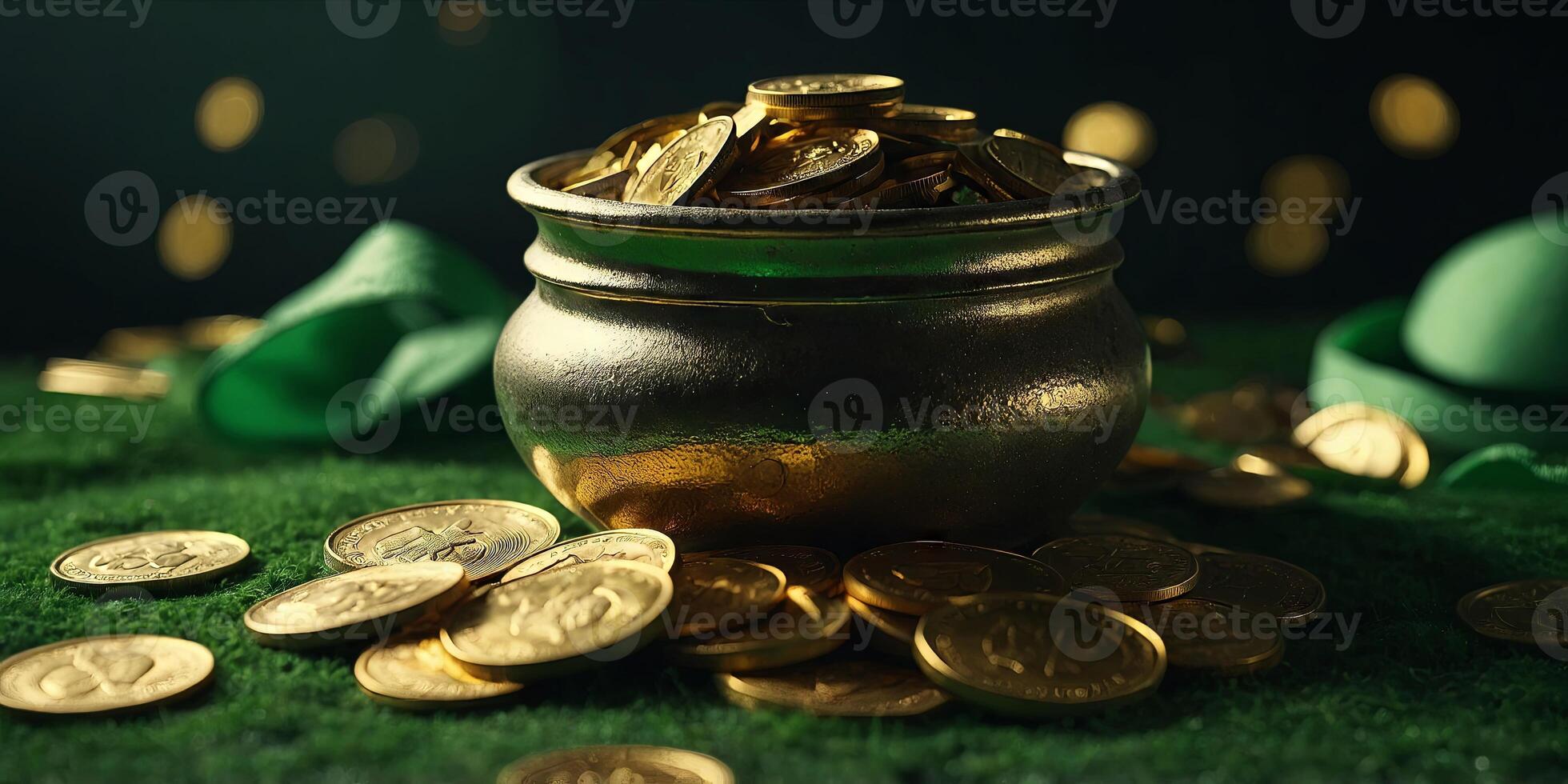 St Patricks day with treasure of leprechaun, pot full of golden coins and shamrocks. photo