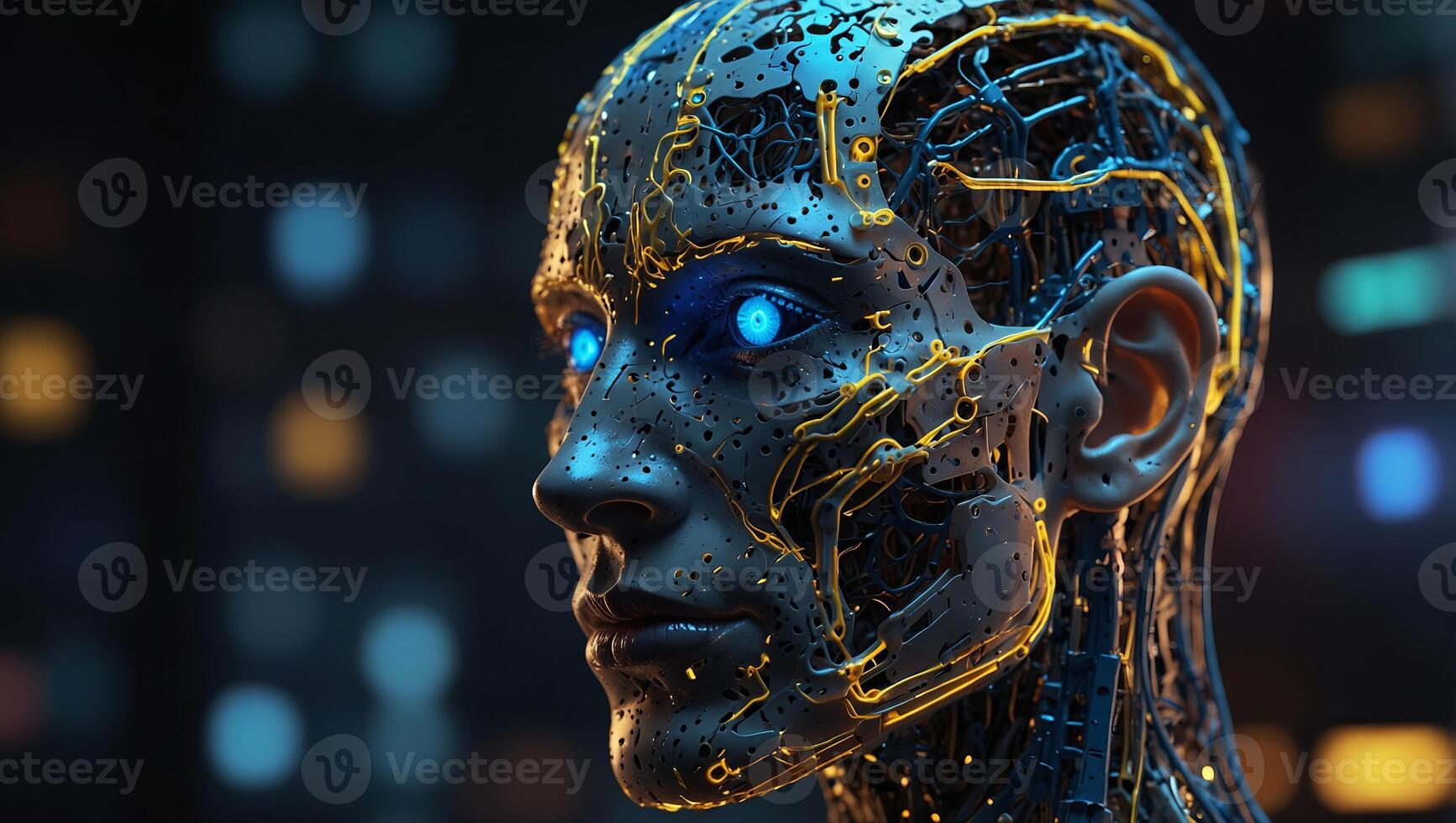 Side view of a humanoid head with blue and yellow eyes and vibrant neon neural network, representing futuristic technology and artificial intelligence. photo