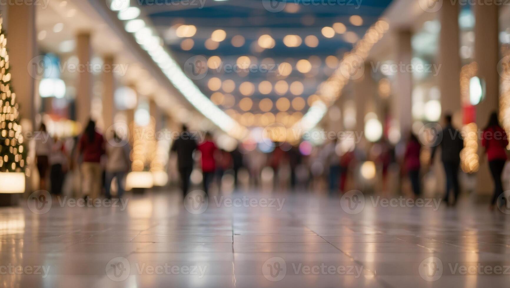 Shopping mall blur background with holiday lights. photo