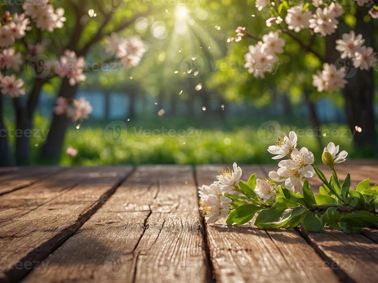 Spring Time - Blossoms On Wooden Table In Green Garden With Defocused Bokeh Lights And Flare Effect. photo
