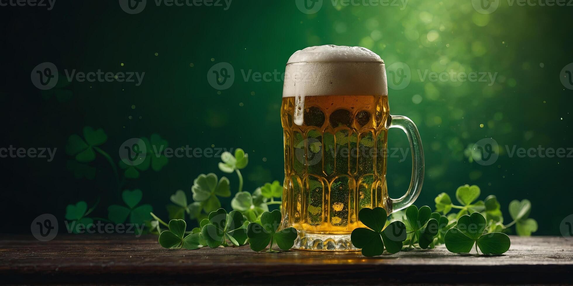St Patricks Day green shamrocks with a full cold frosty glass of beer background. photo