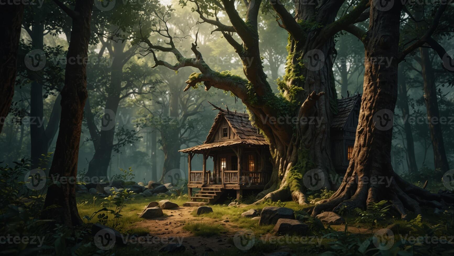 Tree home in forest background illustration, fantasy game scene concept design. photo