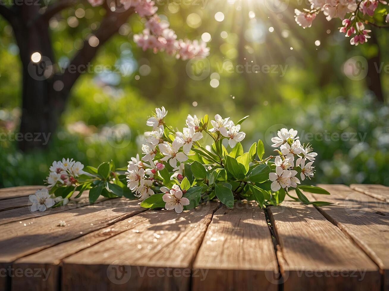 Spring Time - Blossoms On Wooden Table In Green Garden With Defocused Bokeh Lights And Flare Effect. photo