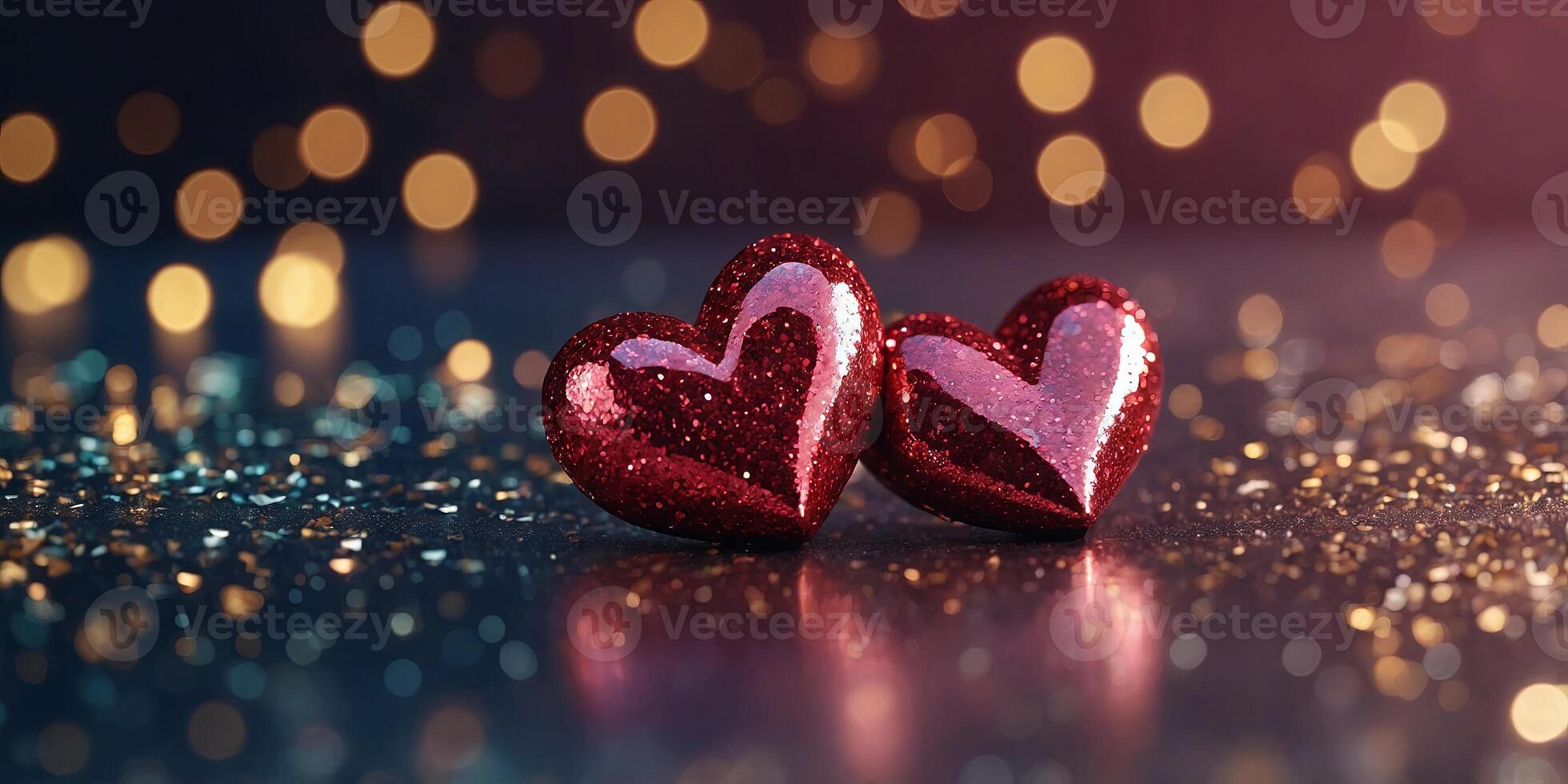 Two glitter heart shape with bokeh background valentine day concept. photo