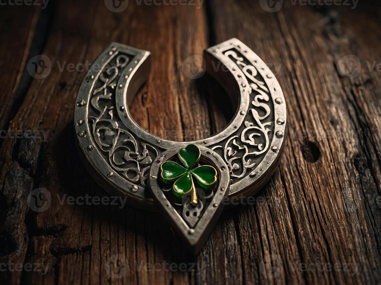 St Patrick's Day, lucky charm Two horseshoes with a four-leaf clover on a wooden board. photo