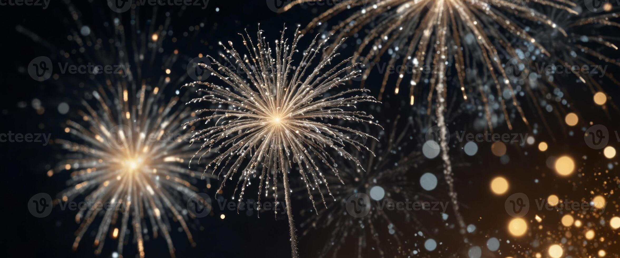 Silver fireworks and bokeh in New Year eve, copy space Abstract background holiday. photo