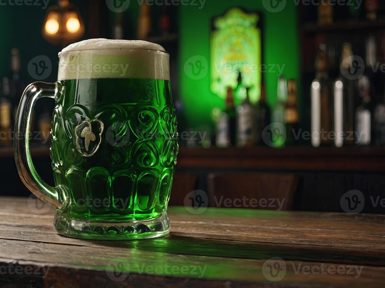 St Patrick Day green beer on the wooden table in the pub. photo