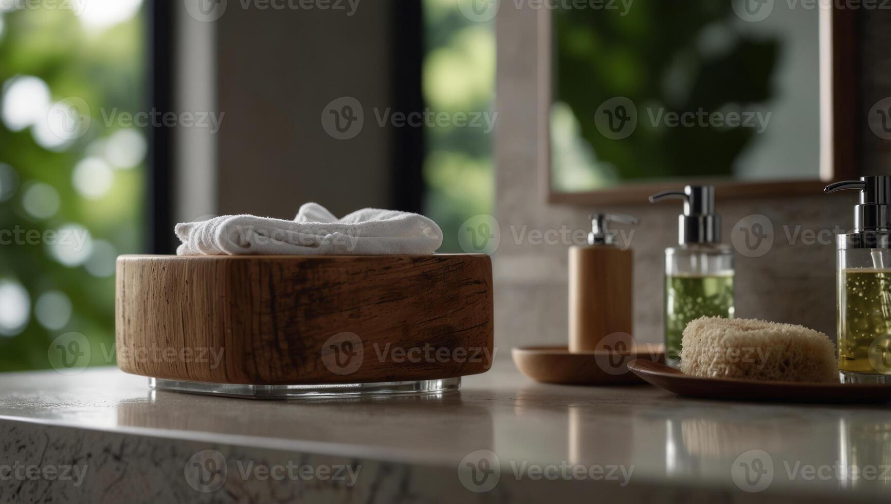 Serene bathroom vanity with eco-friendly accessories. photo