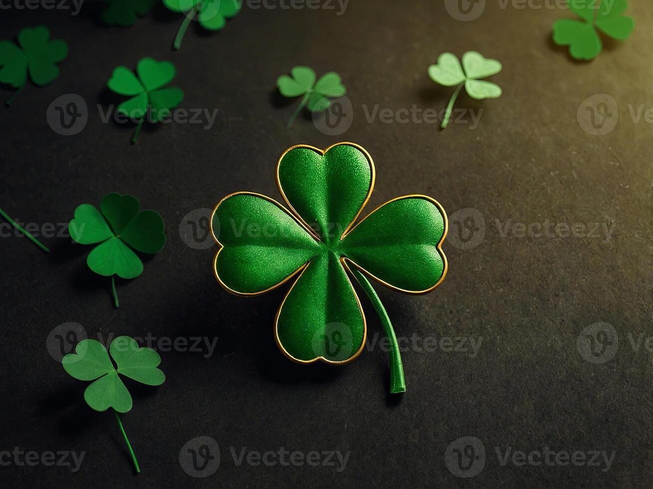 St Patricks Day banner design with shamrock and four-leaf clover Flat lay, top view Happy St Patrick's Day concept. photo