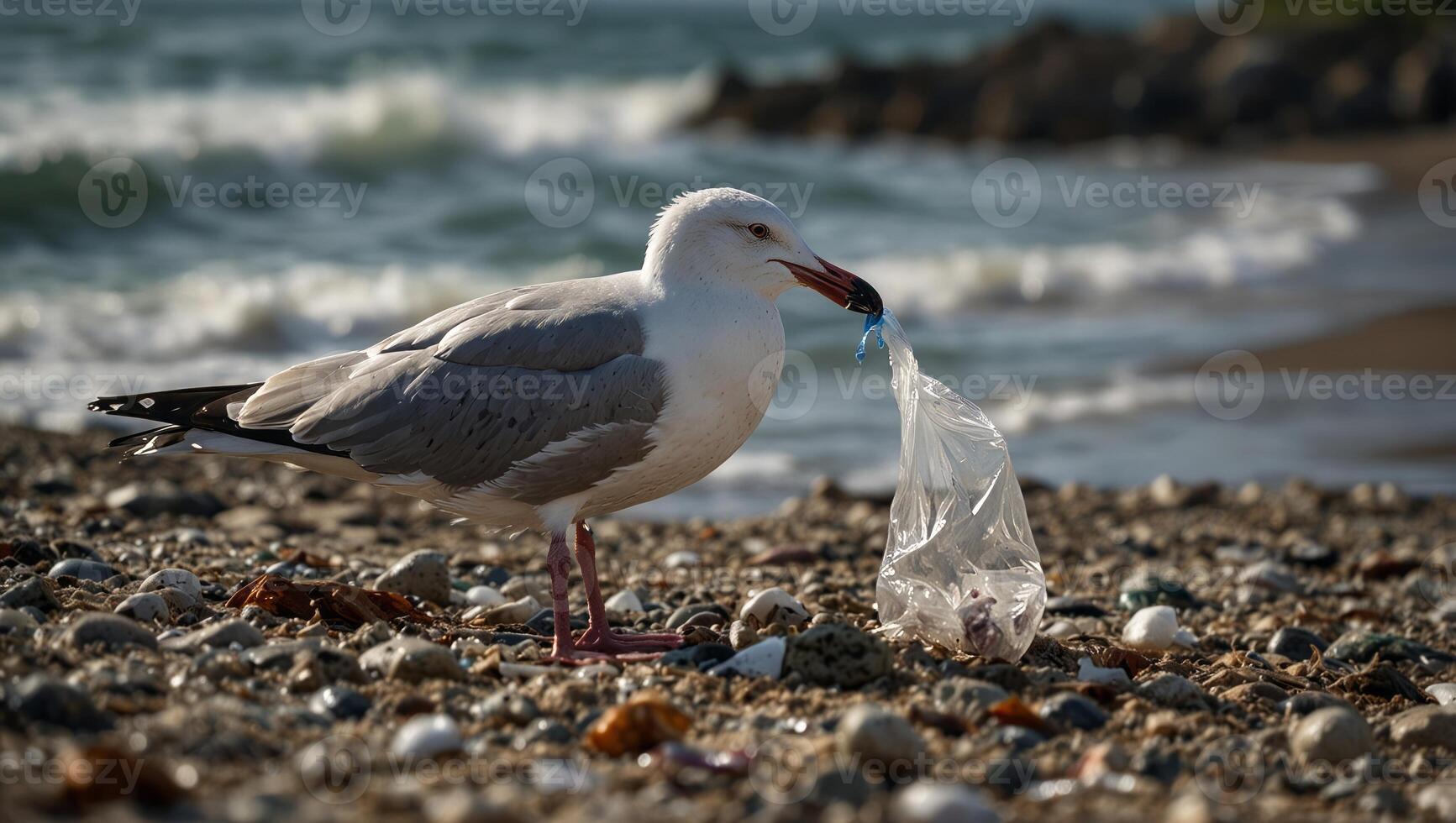 Seagull with plastic bag on sea shore, concept of ocean pollution, water quality, plastic trash issue, ecology and environment protection. photo