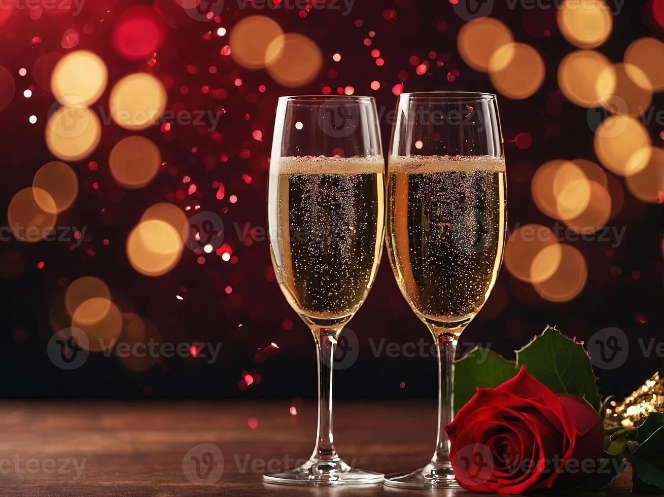 Two champagne glasses on sparkling red bokeh background Valentine's day dinner invitation Christmas and new year holiday party. photo