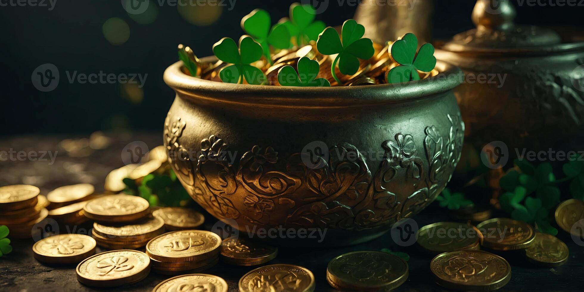 St Patricks day with treasure of leprechaun, pot full of golden coins and shamrocks. photo