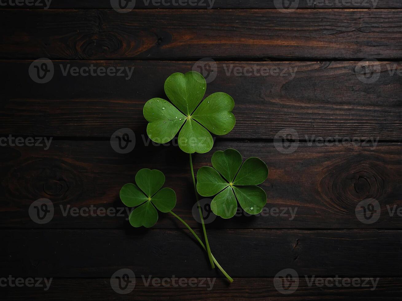 Shamrock leaves on dark wooden background with copy-space flat lay view. photo
