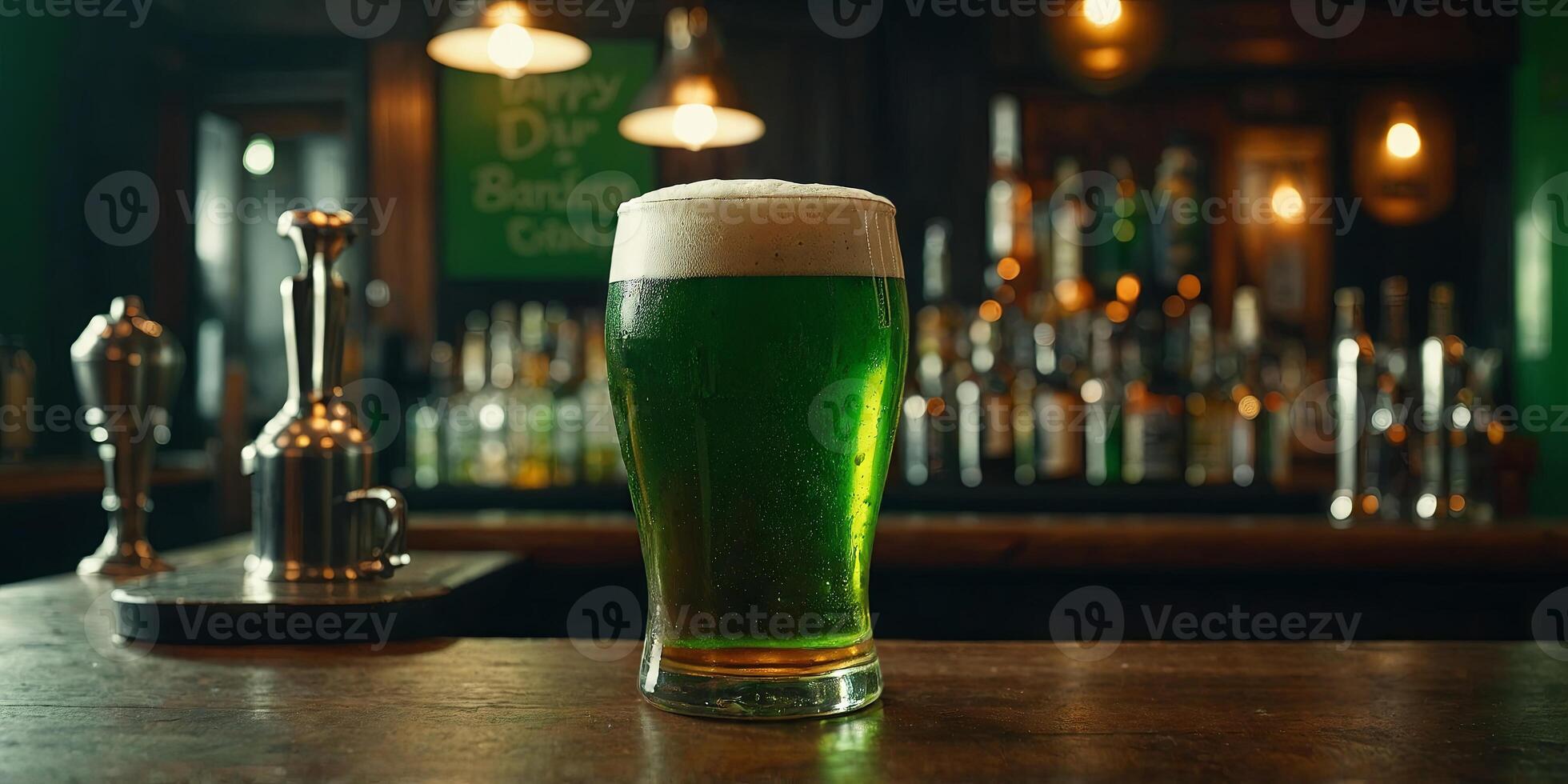 St Patrick's Day party Beer is on the bar counter Pub interior Green tone Close up view. photo