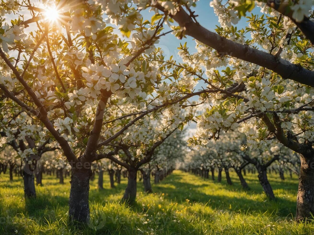Spring background with white blossoms and sunbeams Bright spring background apple orchard Banner. photo