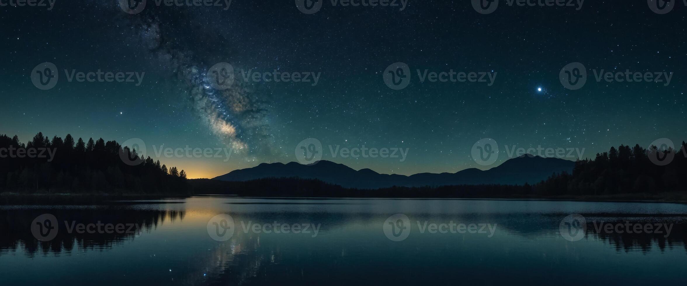 Space wallpaper Serene scene of a tranquil lake reflecting the star-studded night sky above, capturing the timeless beauty of the cosmos mirrored in the still waters below. photo