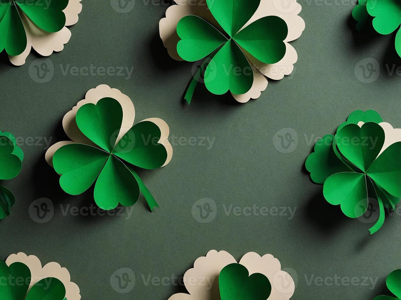 St Patrick's Day holiday background with green four leaf clover paper art Top view, flat lay. photo