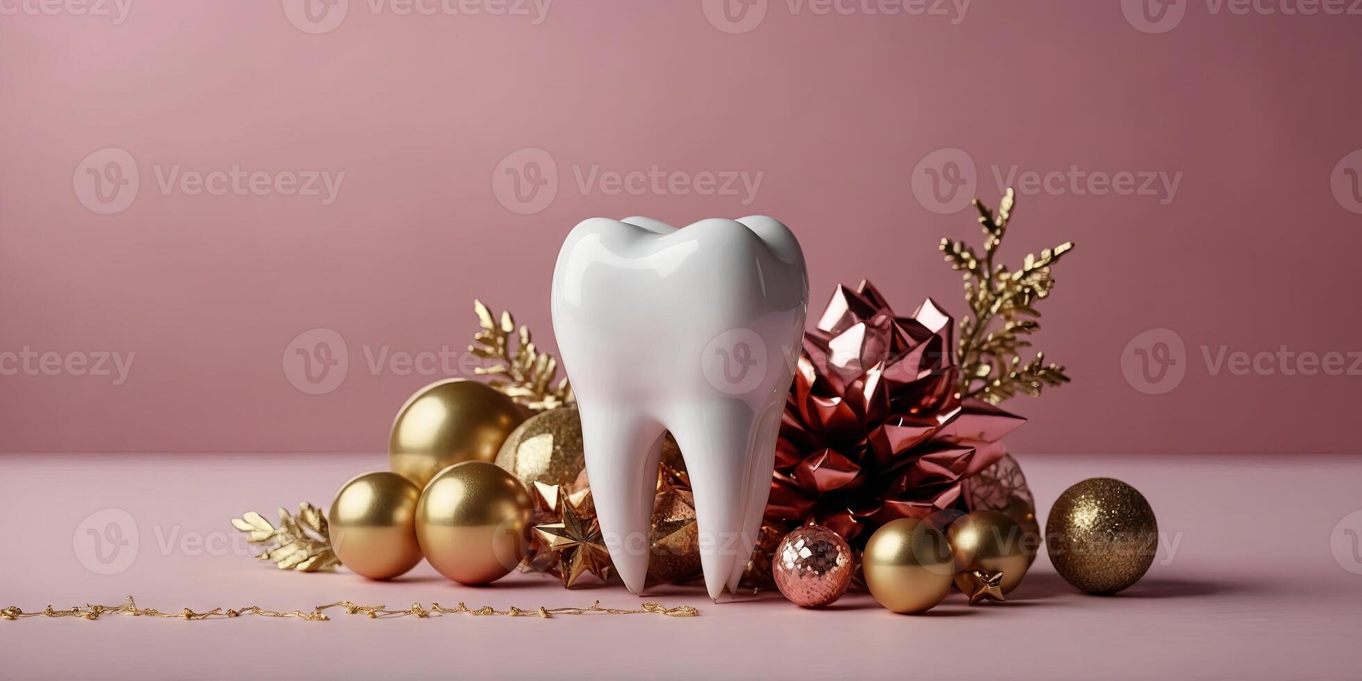 White tooth with gold decorations on pink background Dentist Merry Christmas and New Year concept. photo