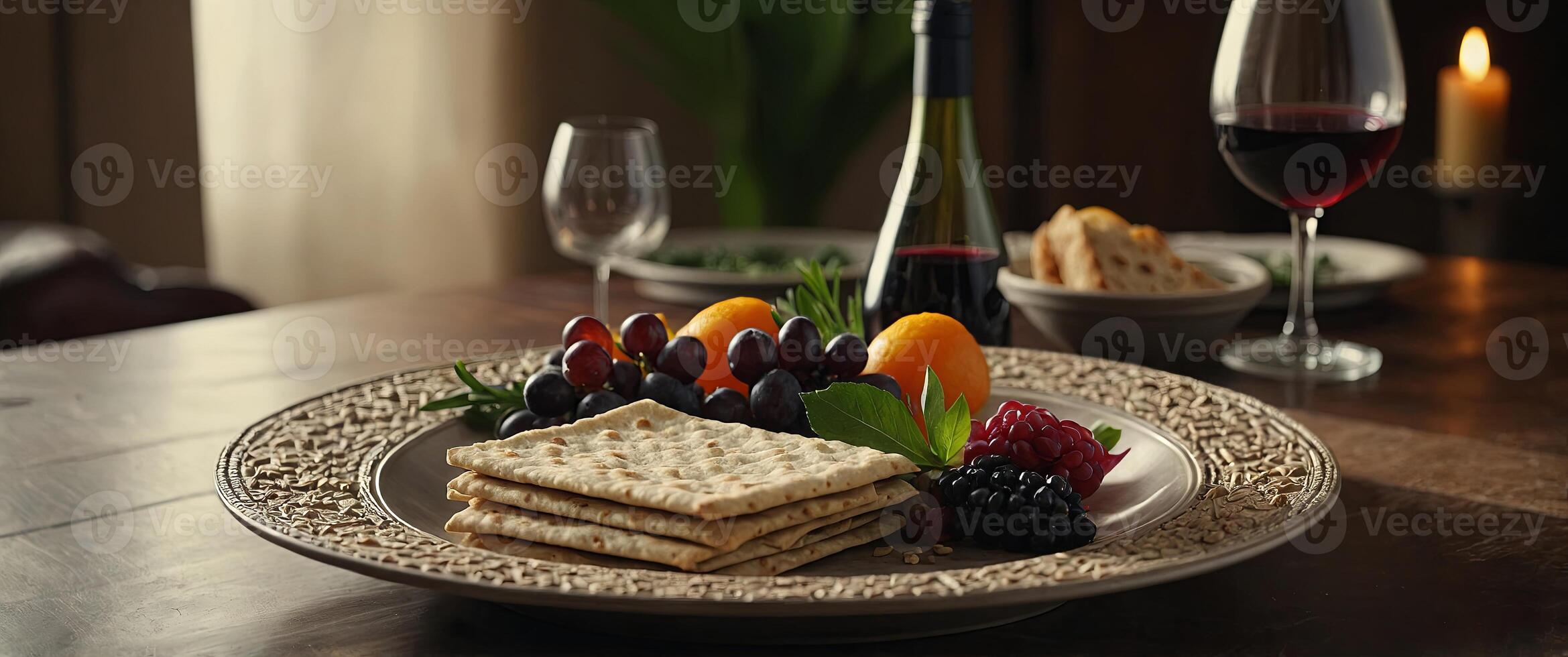 Traditional Jewish Passover Seder plate with matzah and a glass of wine. photo