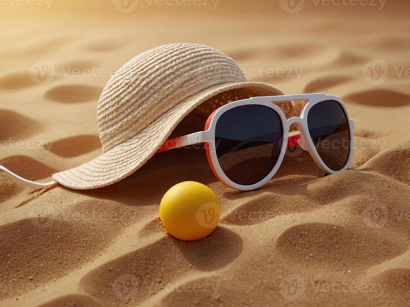 Sunscreen cream for child, baby sunglasses, sun hat, sand toys on color background. photo