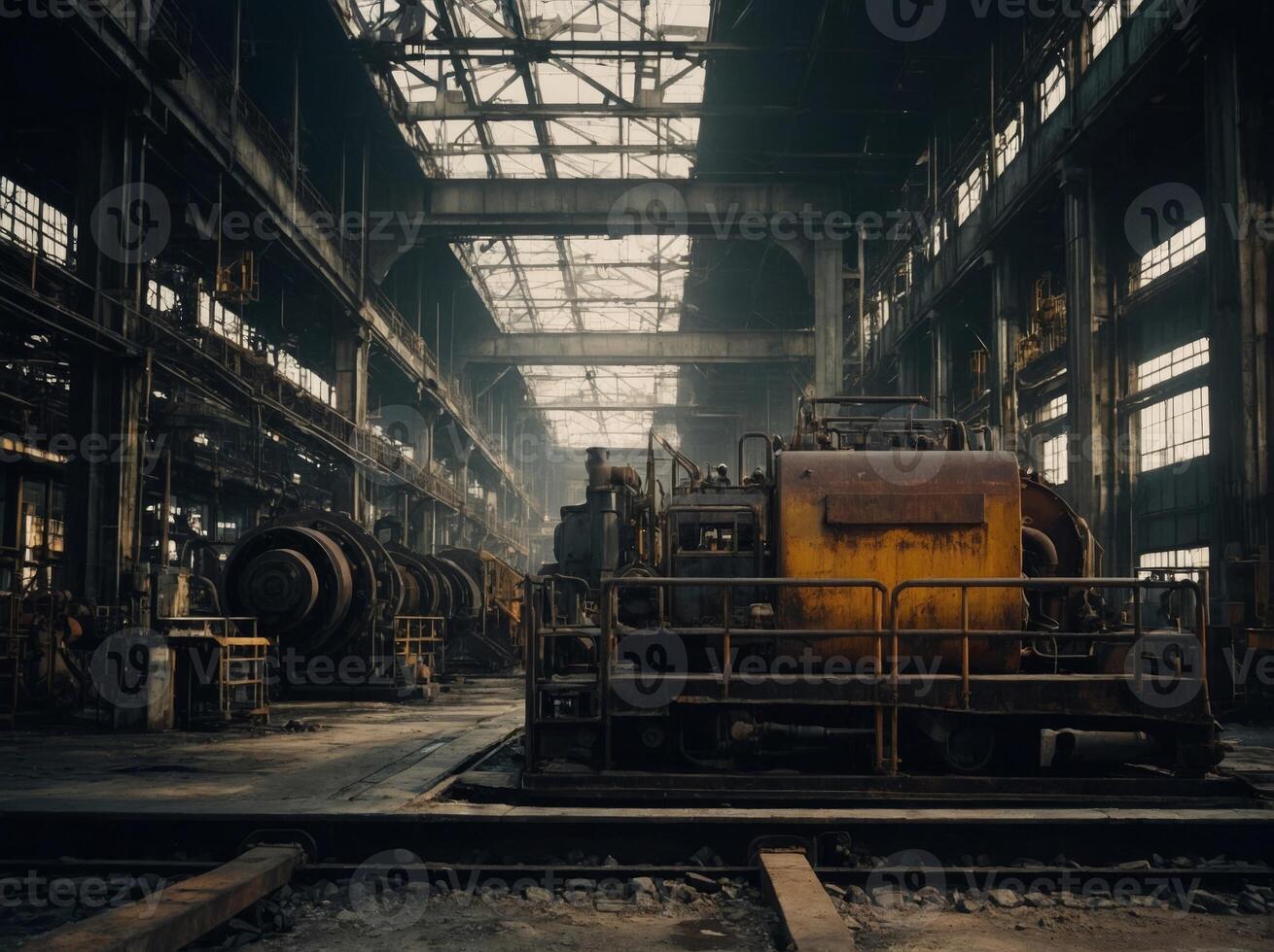 The industrial background is captured in a toned shot, showcasing the rugged beauty of machinery and infrastructure in a subdued yet captivating light. photo