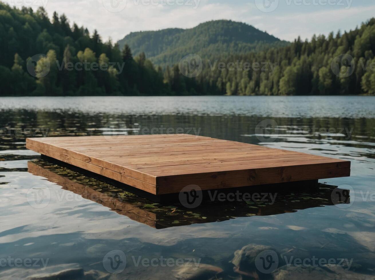 Wooden podium on a serene lakeside perfect for displaying eco friendly products in harmony with nature. photo