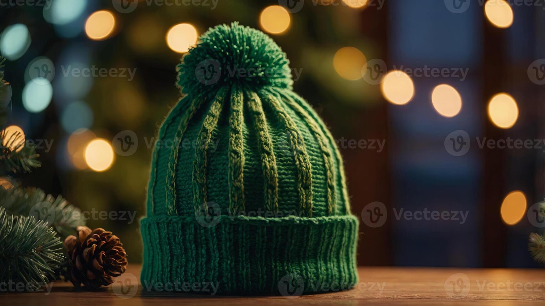 a green knit hat on the table,House and green Knitted Cap, Surrounded by Warm Bokeh Lights - A Festive and Inviting Scene. photo